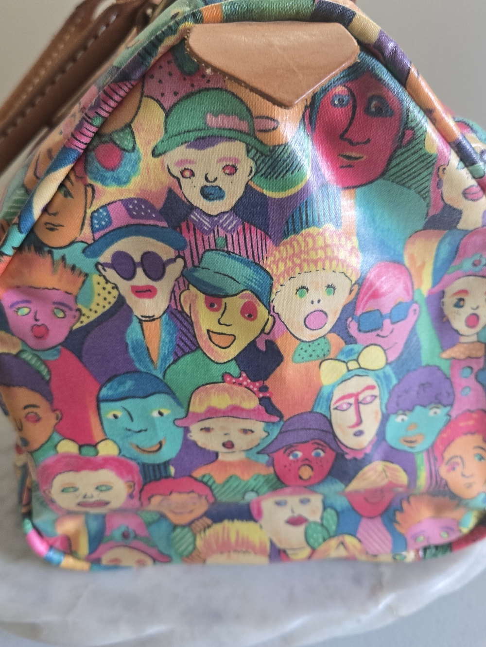 Colorful Faces Print Satchel with Tan Handles - Picture 3 of 7
